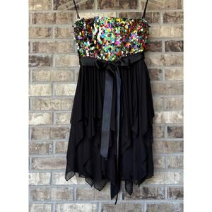 Y2K Babydoll Dress Black Whimsigoth Fairy Grunge Sequin Mesh Festival LARGE